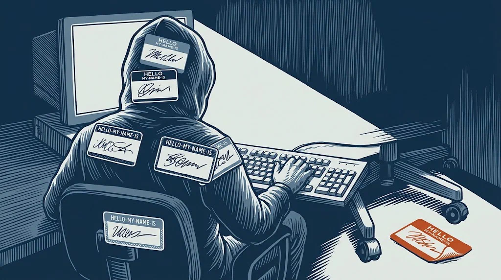 A hooded figure at a keyboard seen from behind, covered in layered stick-on name badges, one peeled off on the floor beside the chair.