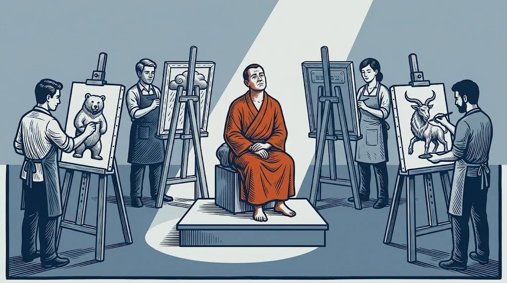 A life-drawing class where four artists at easels paint the same seated subject, and every canvas shows something completely different.
