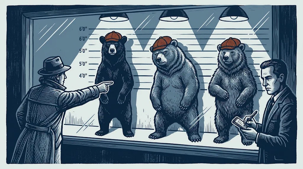 Three visibly different bears in a police lineup wearing identical caps, while a witness behind the glass points confidently at the wrong one.