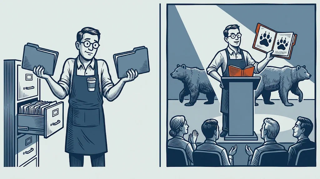 A clerk shrugging at two duplicate folders pulled from a cabinet; beside him, the same clerk presenting one merged folder to a nodding room while two different bears walk out of frame behind him.