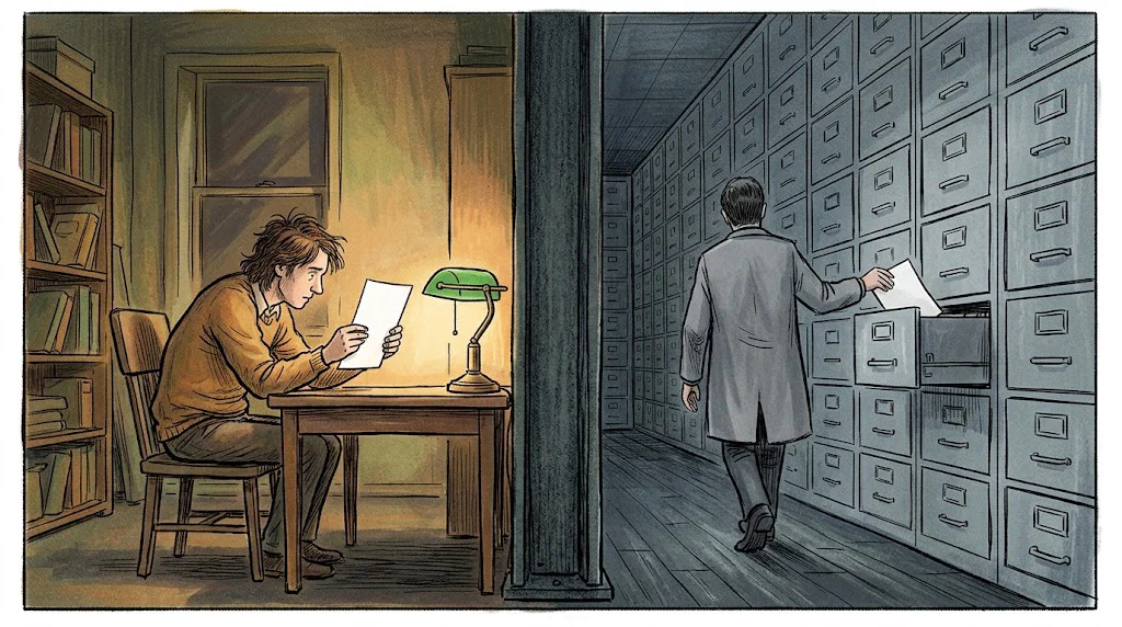 On the left, a person at a desk pausing over a single page they have just noticed an error on; on the right, the same page being slid unread into one drawer of an enormous wall of filing cabinets by a clerk already walking away.