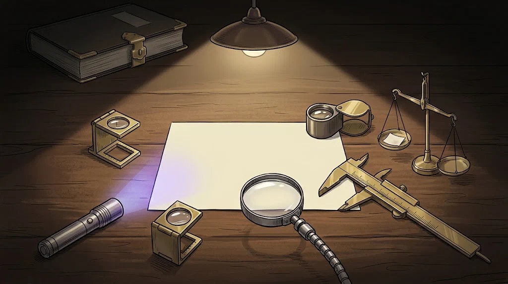 A blank card on a workbench surrounded by precision instruments all measuring it, while a closed clasped ledger sits unconsulted in the shadows behind.