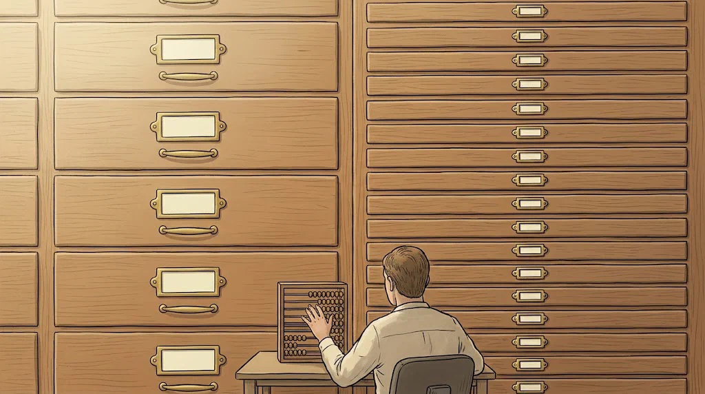 A card-catalogue cabinet whose broad orderly drawers on one side have quietly fractured into a dense row of many near-identical narrow drawers on the other, while a clerk rests a hand on an abacus with its beads pushed high.