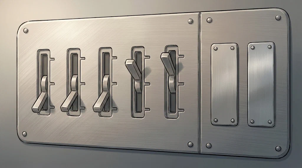 A row of five three-position levers on a steel panel, beside two channels where levers have been removed and riveted over with blank plates.