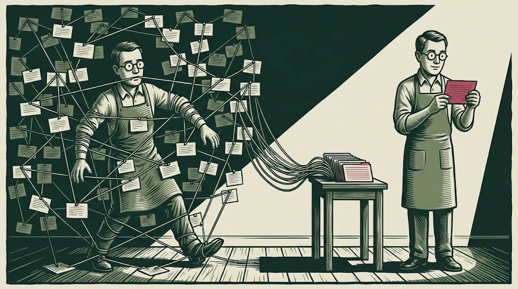 An archivist tangled in a floor-to-ceiling web of string and pinned cards on one side of a room; the same man on the other side, calm, holding a single index card.