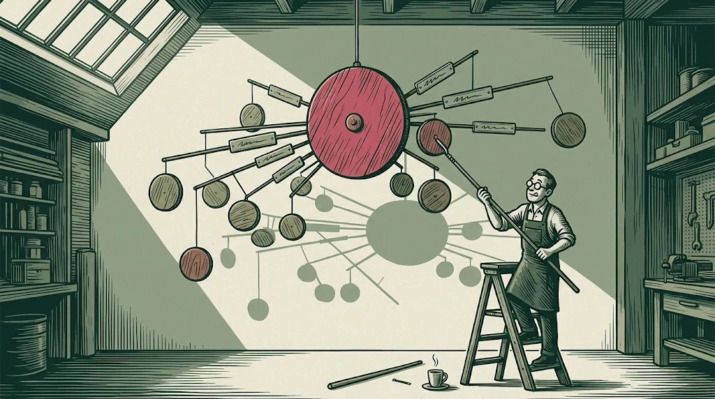 A kinetic mobile of wooden discs, one large disc at the centre with smaller ones radiating from it, while a technician on a stepladder nudges one level with a long pole.