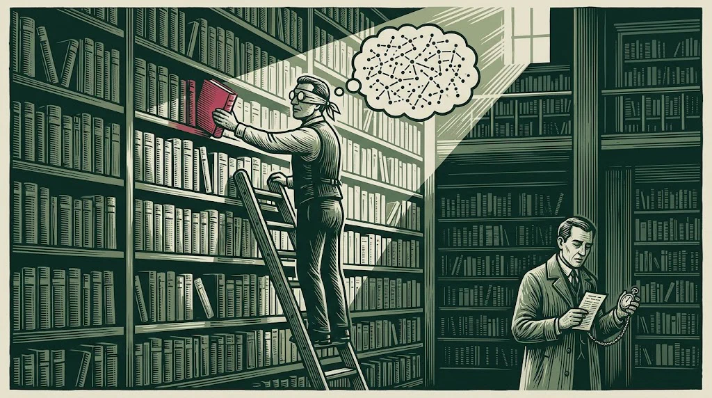 A blindfolded librarian on a rolling ladder reaches out without looking and plucks exactly one book from a shelf, while a waiting patron checks his pocket watch.