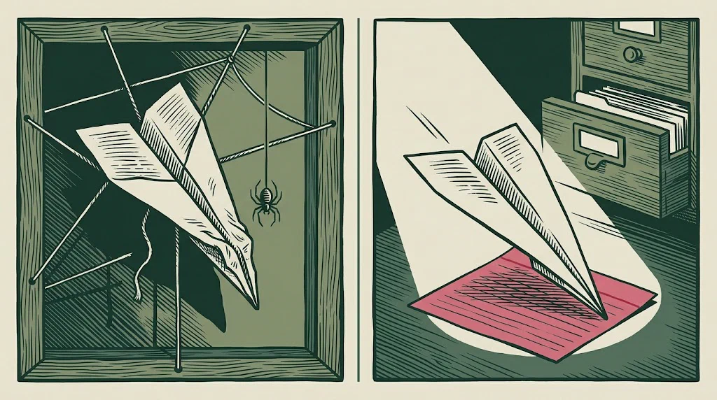 A paper aeroplane stuck fast in a string web with a spider inspecting it; beside it, the same aeroplane sailing cleanly through the slot of a card-catalogue drawer onto a waiting index card.