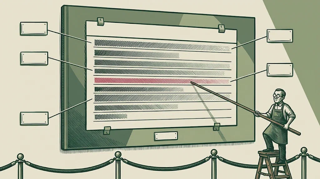 A large index card mounted on a museum display board with leader lines running out to blank plaques, while a curator on a stepladder points at one line with an absurdly long pointer.