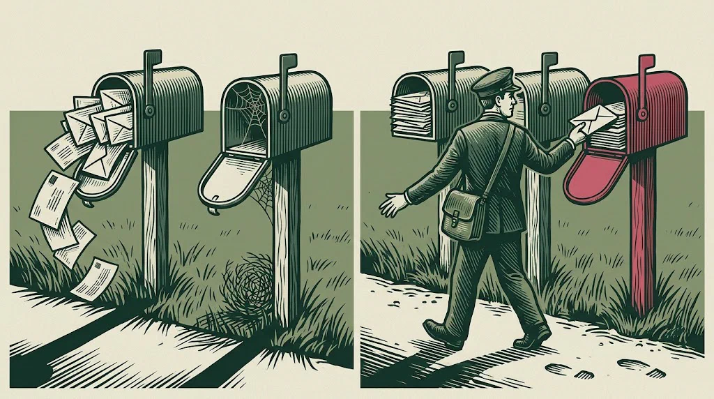 Two roadside mailboxes, one overflowing and one empty with a cobweb; beside them the same pair both full, because the postman is walking deliberately backwards to fill the second.
