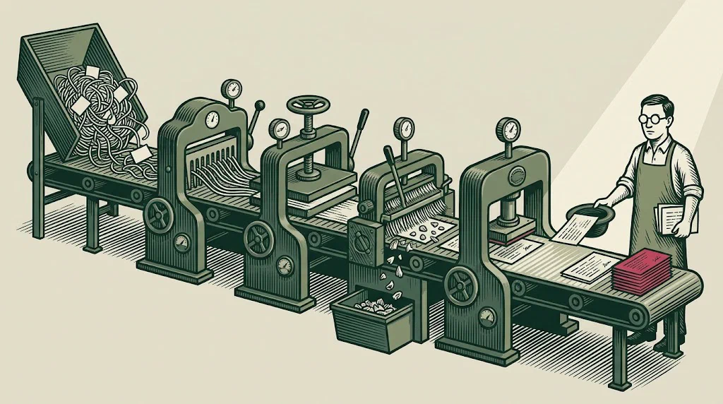 A workshop conveyor: a tangled ball of string and cards enters at one end, is combed, pressed, cleaned and stamped along the belt, and finished index cards fly off the far end into a worker’s upturned hat.