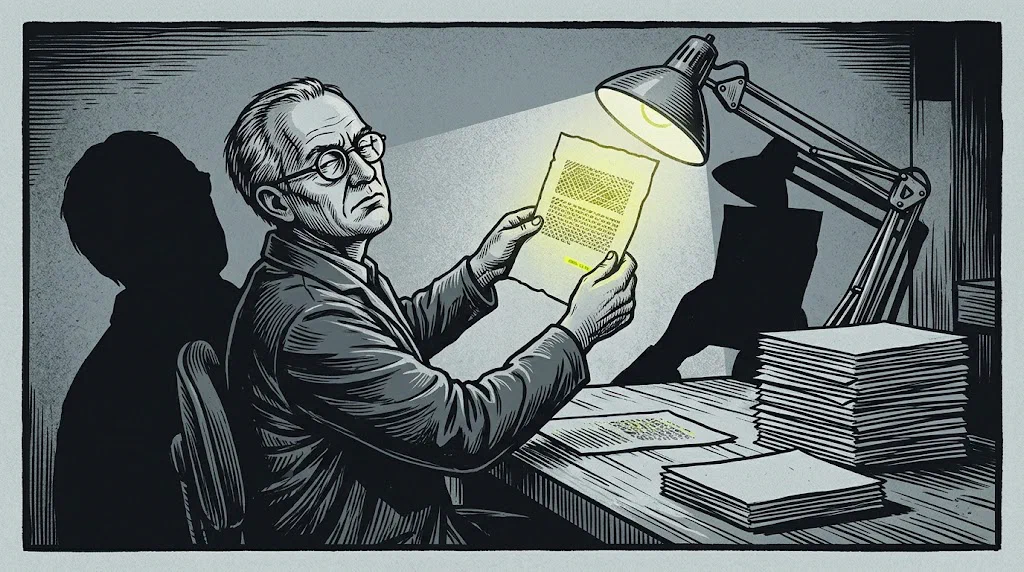 An inspector at a workbench holding a document up to a bright lamp, checking it for a watermark, with a stack of already-checked documents beside him.