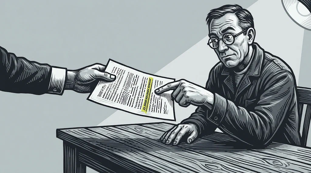 A hand offering a document across a desk; the inspector on the other side is not taking it, and is instead pointing at a discrepancy on the page.
