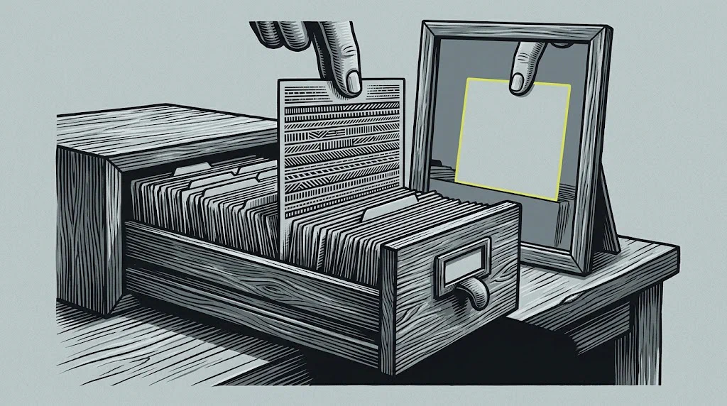 A card-catalogue drawer pulled open, with one card lifted out; the card&rsquo;s reverse side is blank where the same information should have been written.