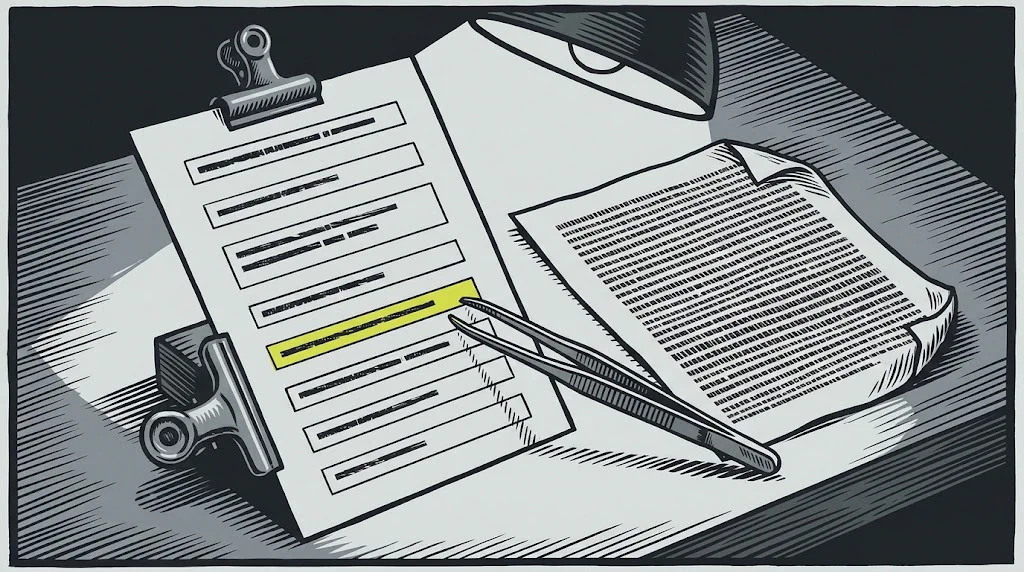A composed page held in a clamp under a lamp: short separated lines of text, each one boxed, rather than a dense unbroken paragraph.
