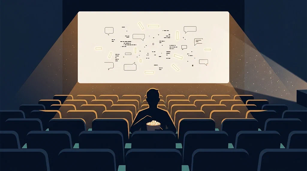 An empty cinema seen from the back row, one silhouetted figure watching a screen filled with scattered text fragments and speech-bubble outlines.