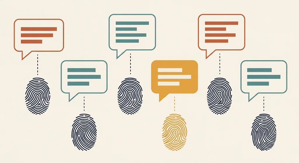 Six speech bubbles in a loose grid, each connected by a dashed line to a fingerprint below it. Every fingerprint has a different ridge pattern.