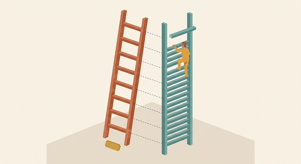 Two ladders side by side: a tall weathered one with widely spaced rungs, and a shorter one with tightly packed rungs whose topmost rung is still unfinished.