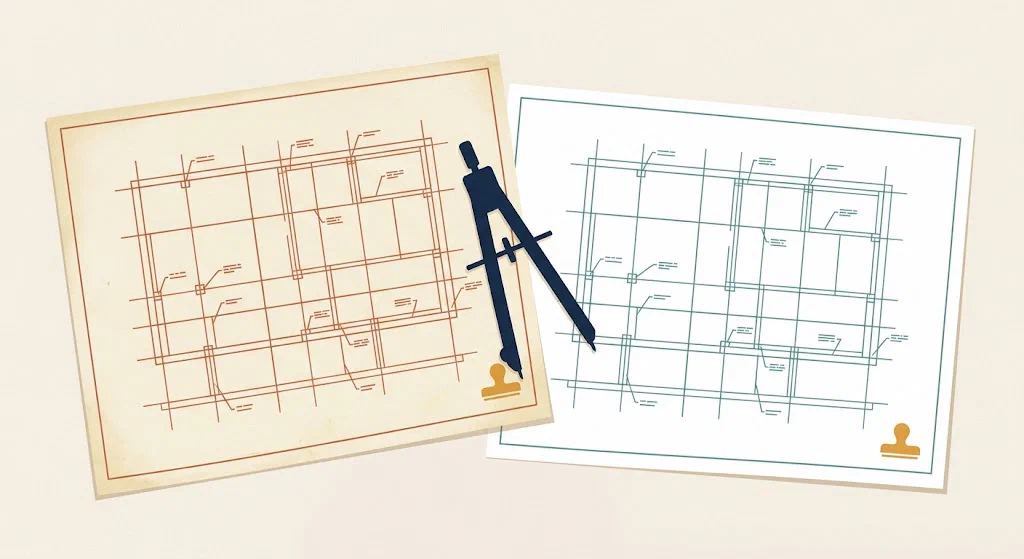 Two architectural blueprints side by side showing an identical grid-and-matrix structure: the left sheet aged and yellowed, the right sheet freshly drawn.