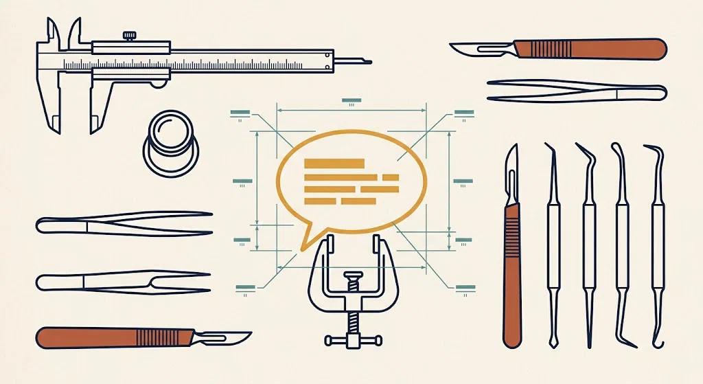 An overhead view of a workbench with inspection tools arranged in rows around a single speech bubble held in a clamp, with measurement lines radiating from it.