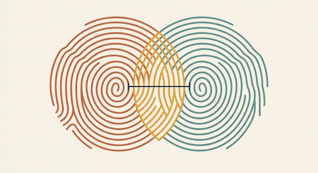 Two large overlapping fingerprints forming a Venn diagram. In the overlap the ridges align and are highlighted; outside it they diverge.