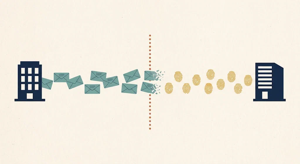 Sealed envelopes travelling between two building silhouettes. As they cross a dotted boundary at the midpoint they transform into abstract fingerprint tokens.