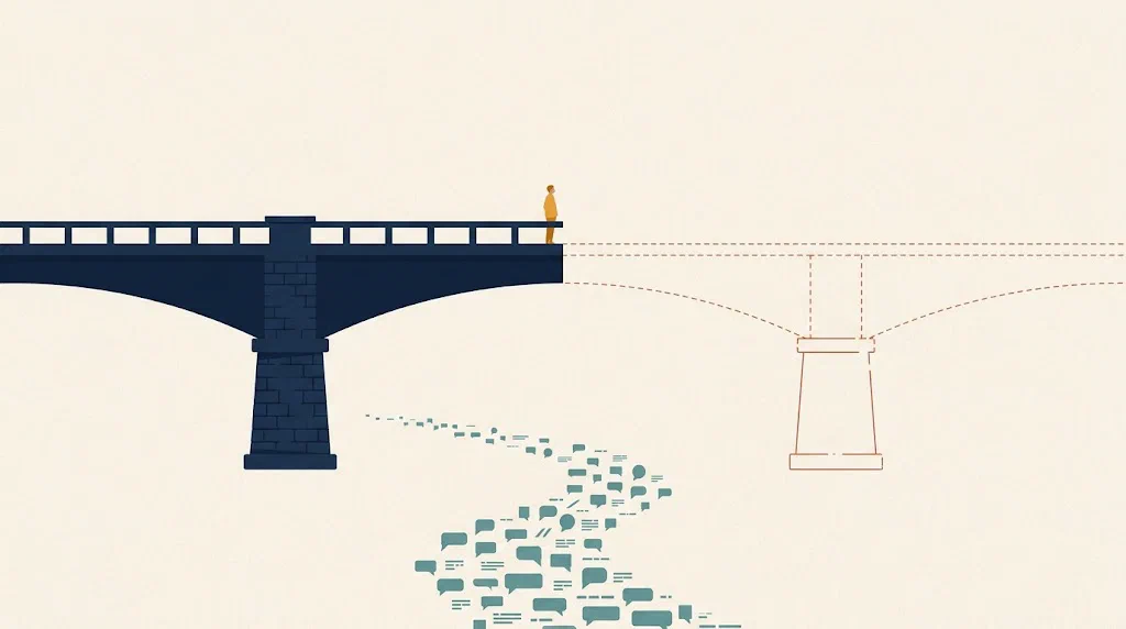 A bridge spanning the frame: the left half solid and complete, the right half only a dashed unbuilt outline, with a small figure standing at the edge of the gap.